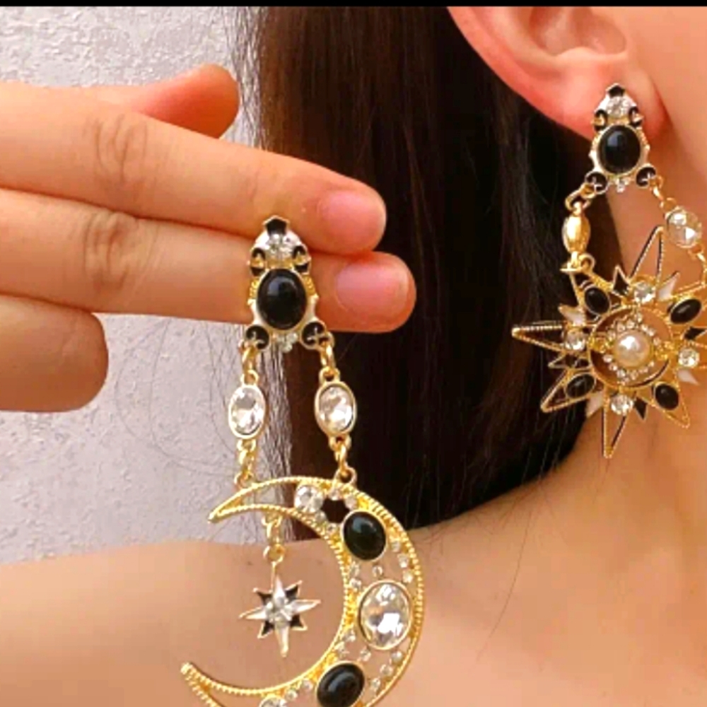 New! Moon & Star 3in long earrings with white, black, gold, & pearly details